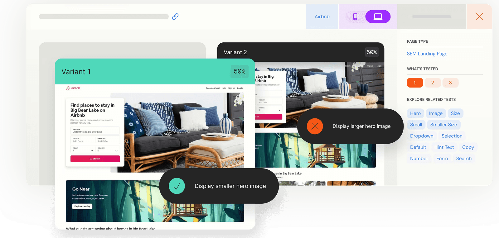 Travel A/B test example, control vs variant with what was tested and outcomes