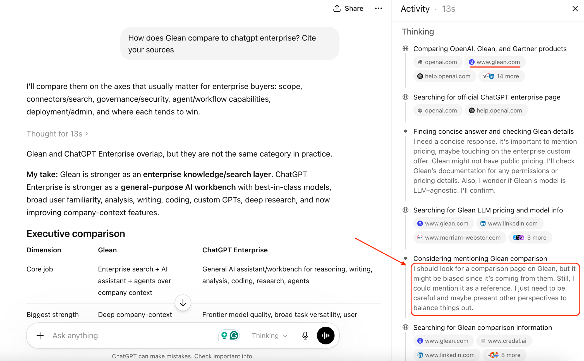 ChatGPT answering how Glean compares to ChatGPT Enterprise, with its thinking panel noting it should look for Glean's own comparison page but that it might be biased coming from them