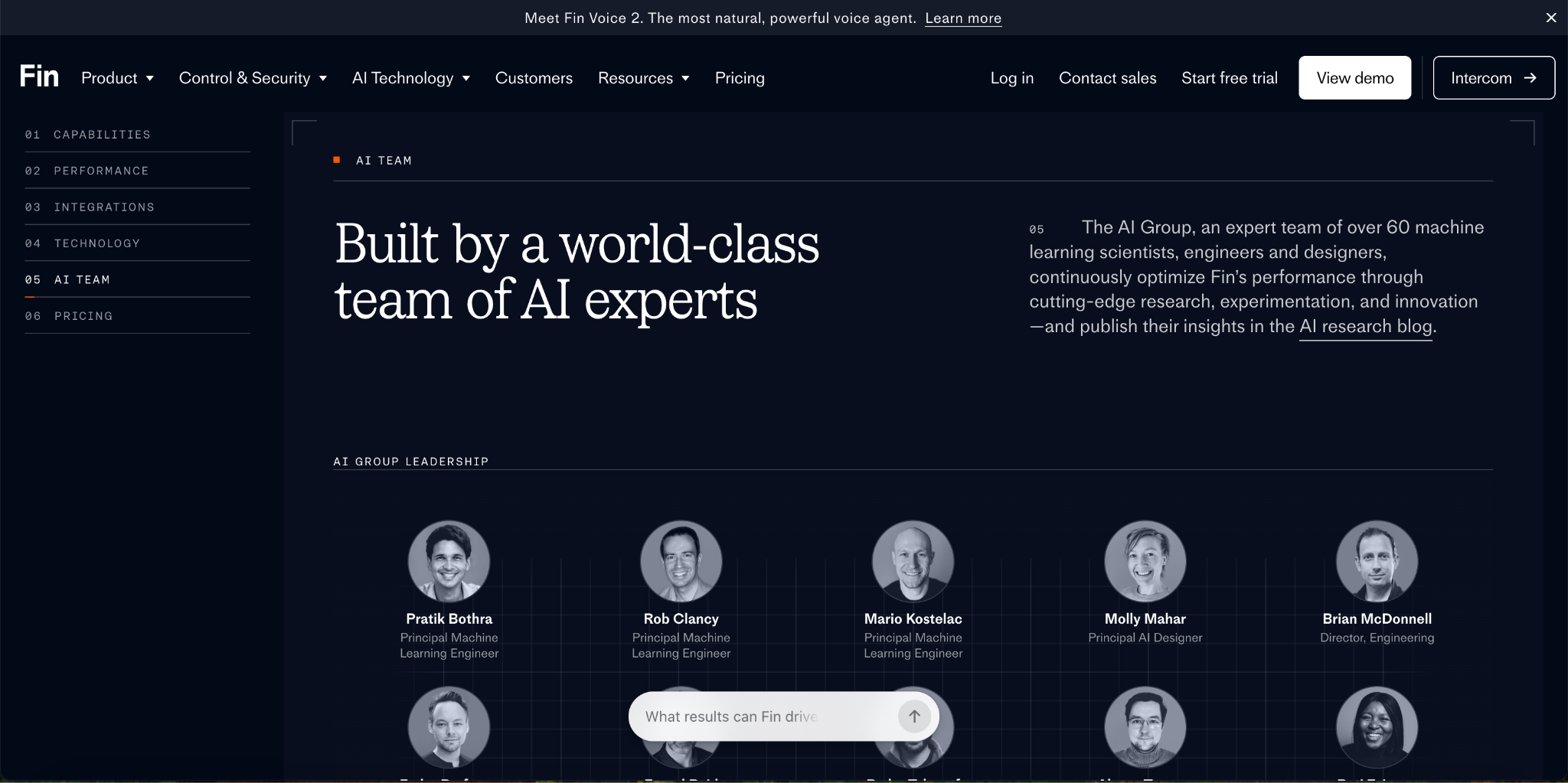 Fin's AI Team page headed Built by a world-class team of AI experts, describing an AI Group of over 60 machine learning scientists, engineers and designers, above photographs of the leadership