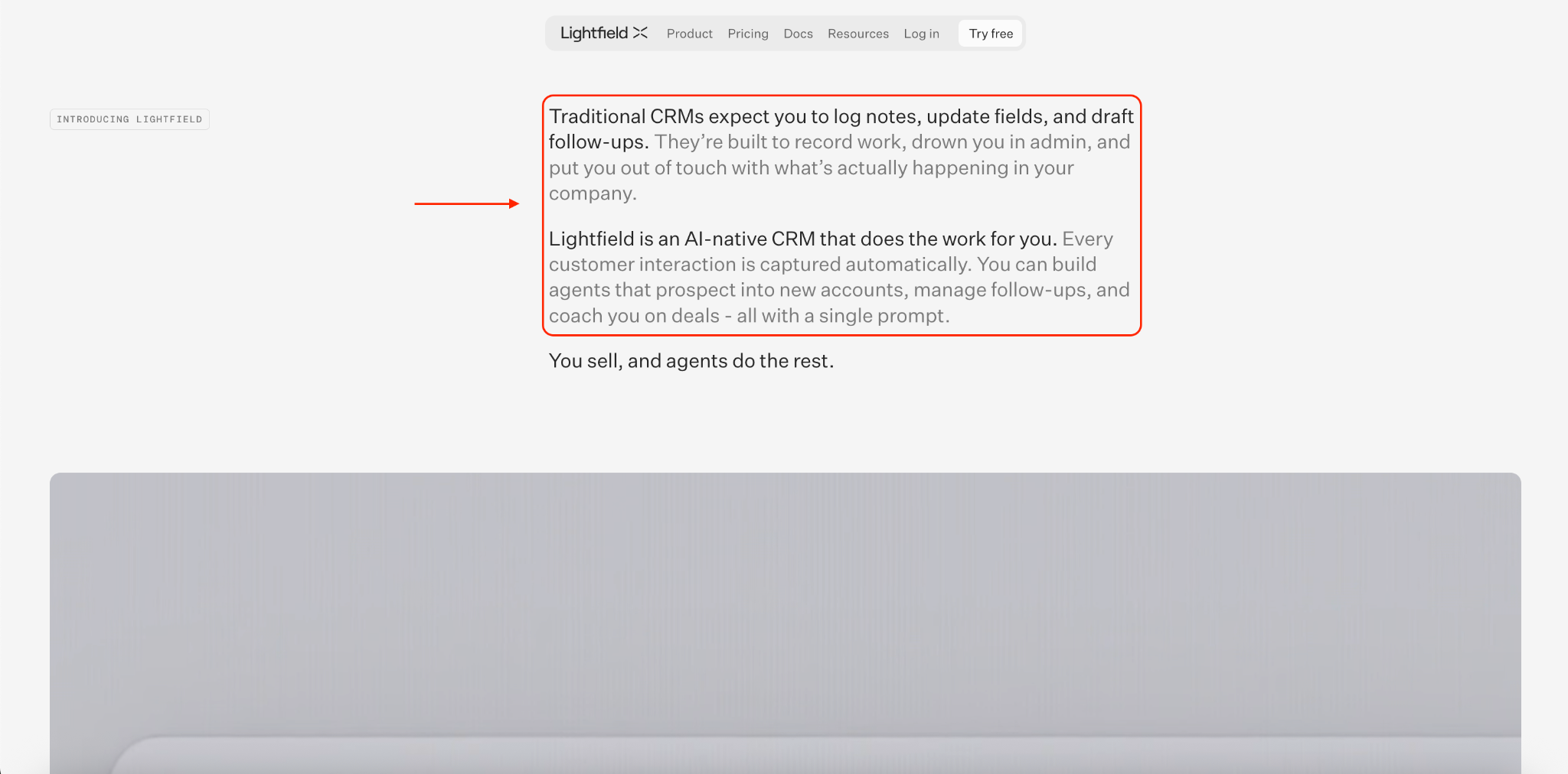 The Lightfield home page with its hero copy ringed in red