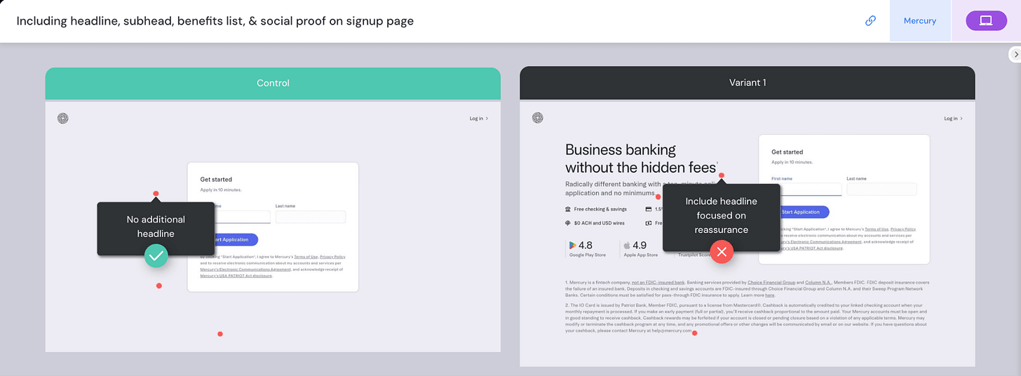Signup page test results across Mercury, Slack, Buffer and Zendesk
