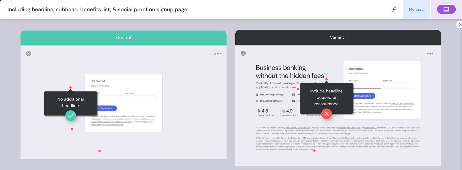 Mercury signup page, control versus variant, annotated with the winning changes