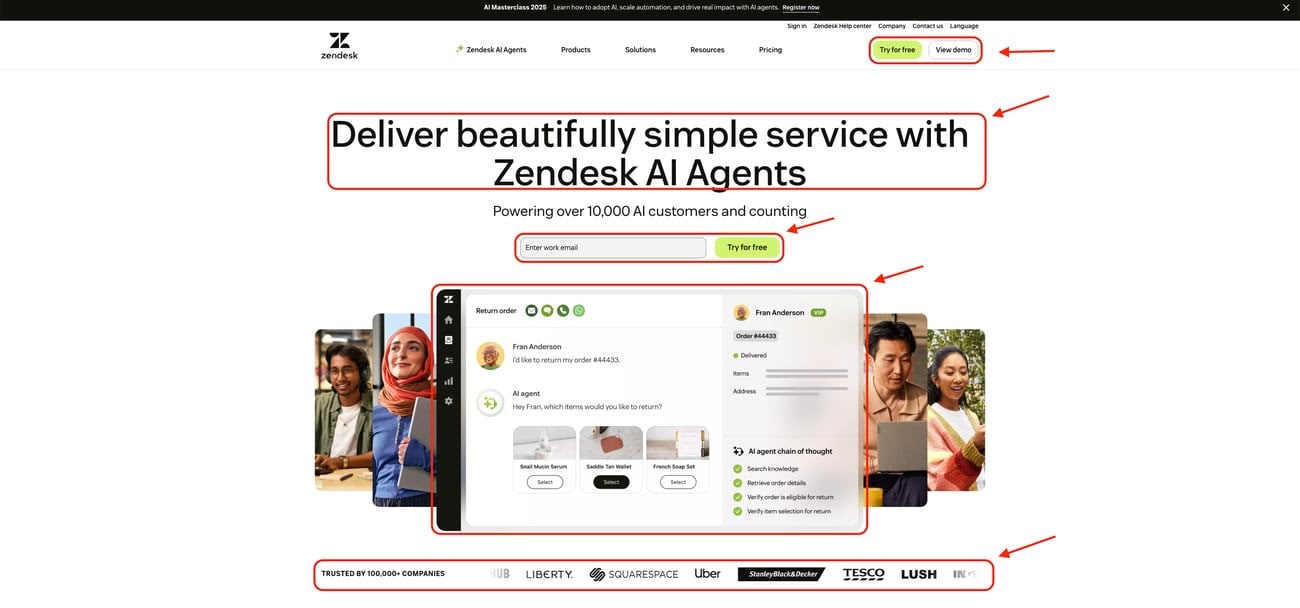 The Zendesk home page hero, annotated to mark the two navigation CTAs, the headline and subheader, the embedded email capture, the product imagery and the logo bar