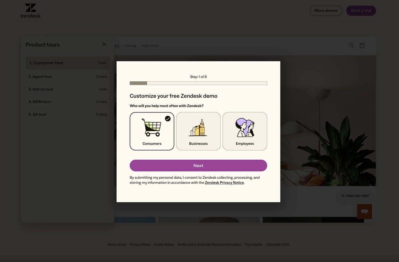 The Zendesk demo signup, showing a step one of eight form over a blurred product background asking who you will help most often