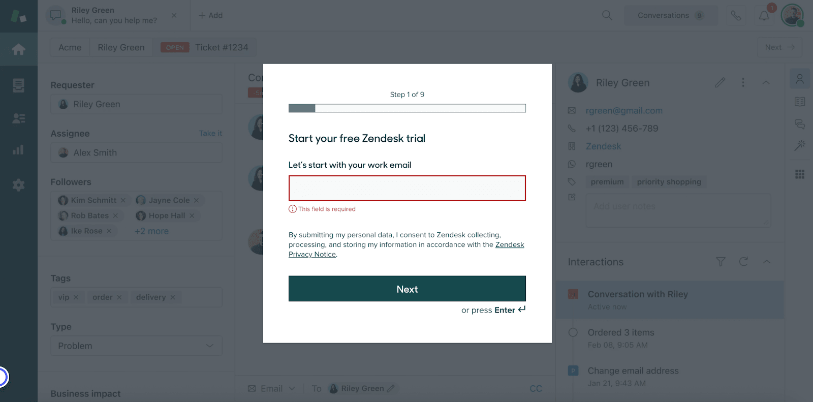 Zendesk free trial signup form shown over a semi-opaque screenshot of the product behind it