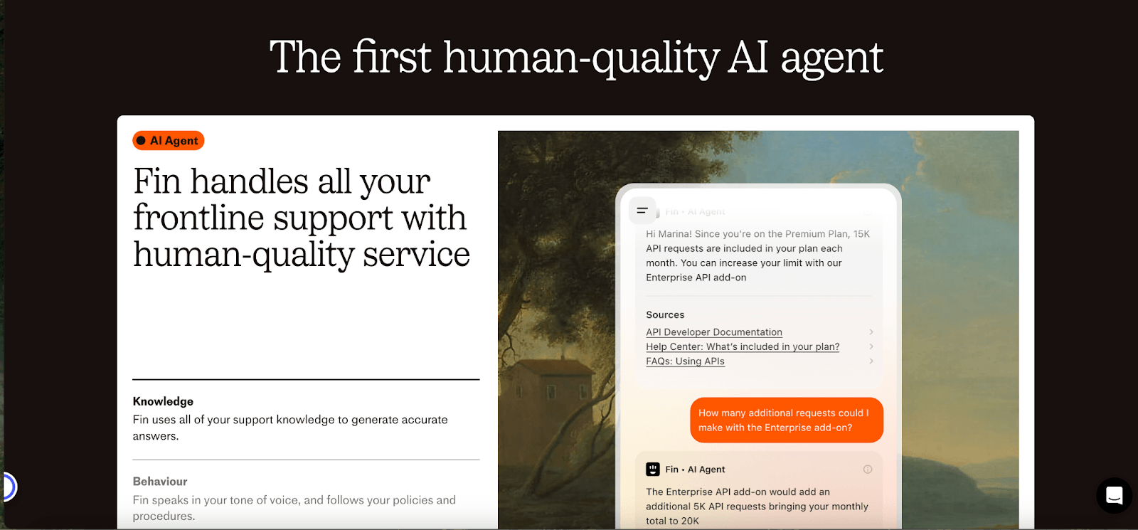 Intercom feature block for Fin, headlined "The first human-quality AI agent", showing the agent answering a customer question