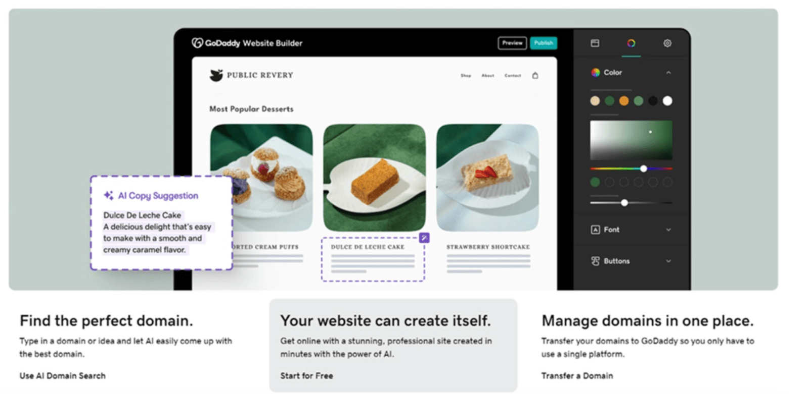 GoDaddy feature block showing the AI website builder suggesting copy for a dessert shop, alongside domain and AI search links