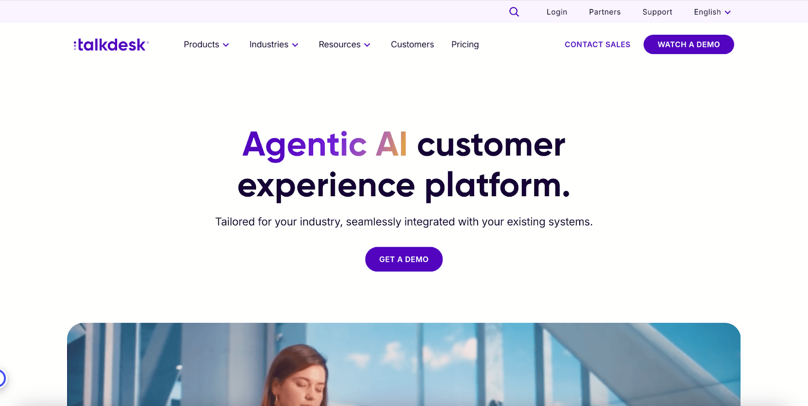 Talkdesk home page today, headlined "Agentic AI customer experience platform"