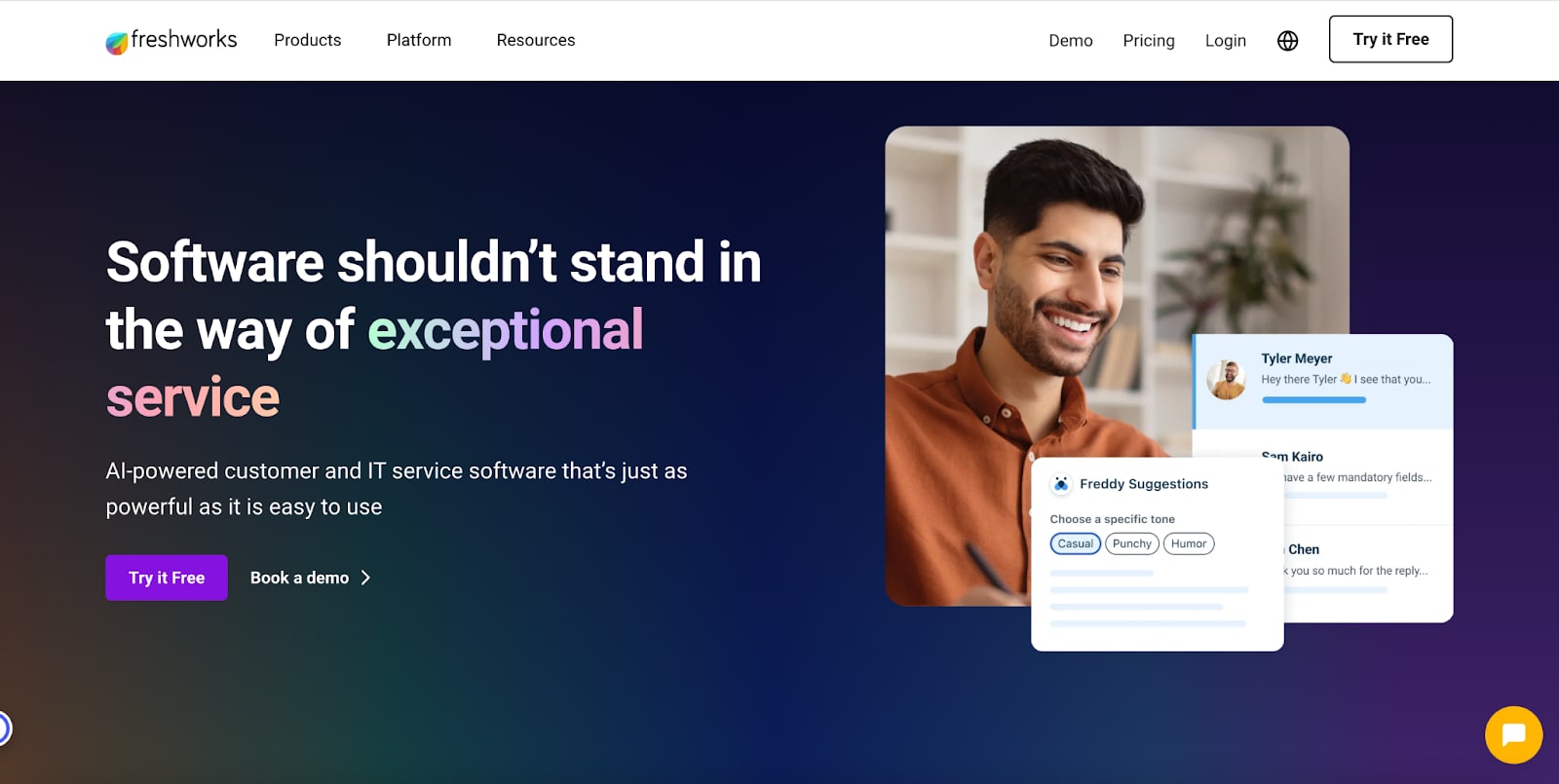 Freshworks home page leading with "Software shouldn't stand in the way of exceptional service" and mentioning AI only in the subheader