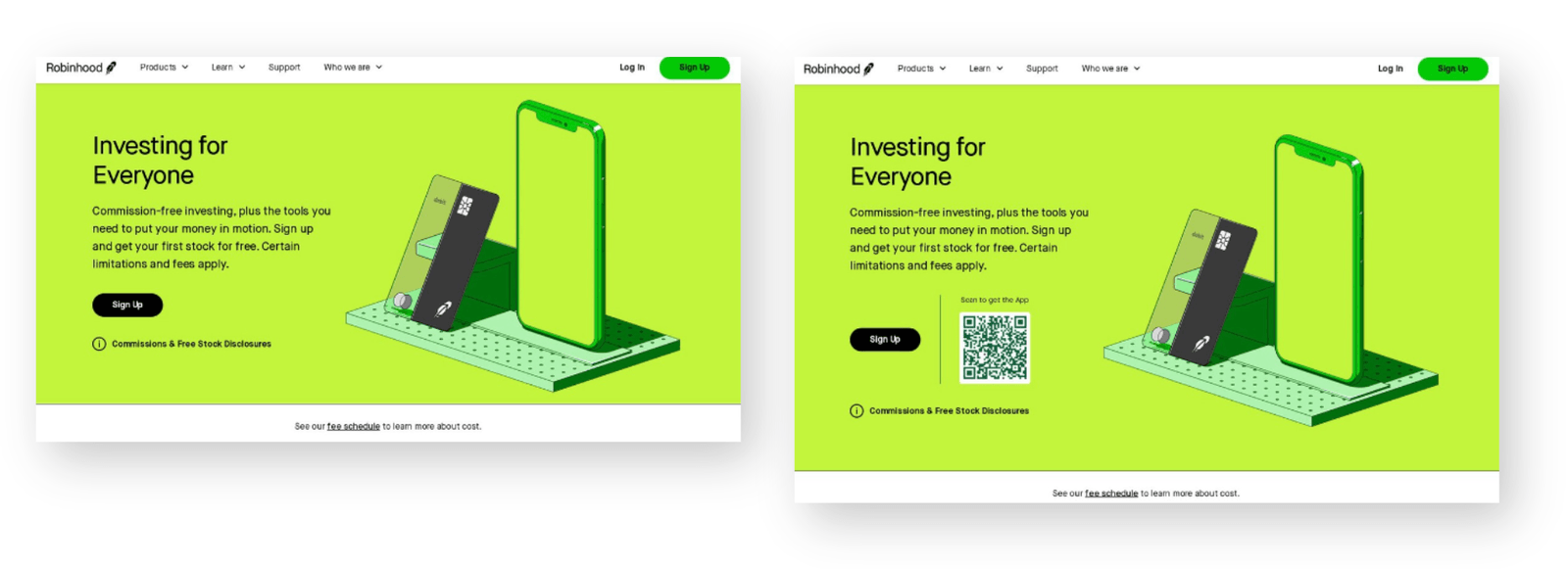 Robinhood home page split test, with the control on the left and a variant on the right adding a Scan to get the App QR code beside the sign up button