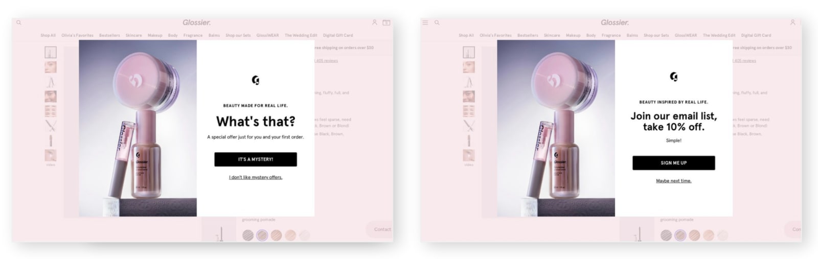 The two Glossier popup variants side by side, the mystery offer on the left and the 10 percent discount on the right