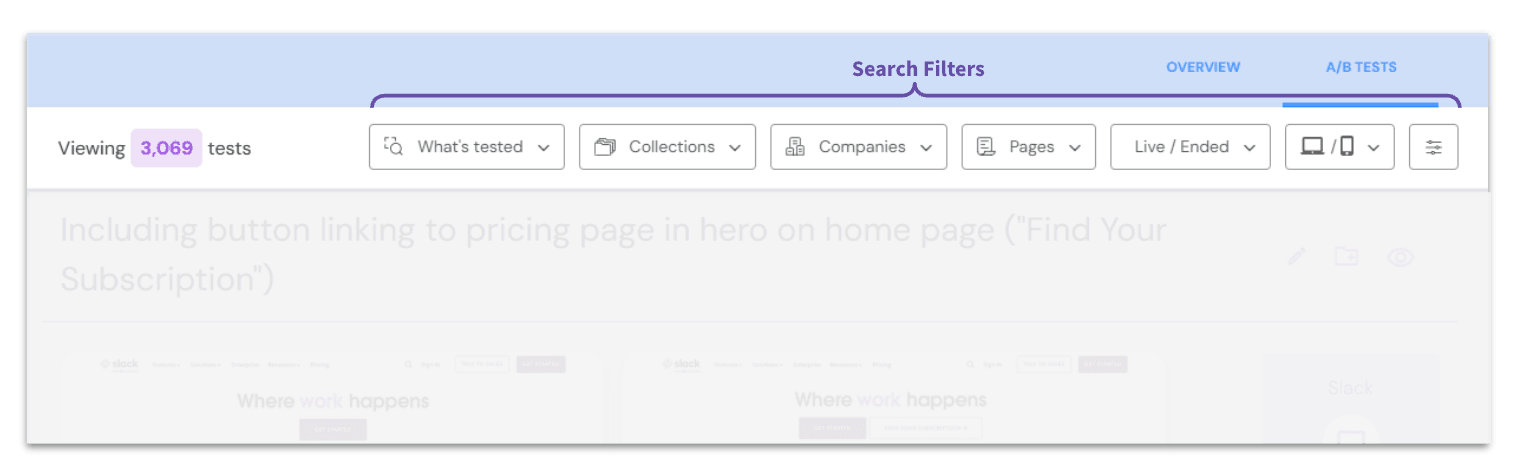 The DoWhatWorks dashboard search filters, showing 3,069 tests and menus for what is tested, collections, companies, pages, and live or ended