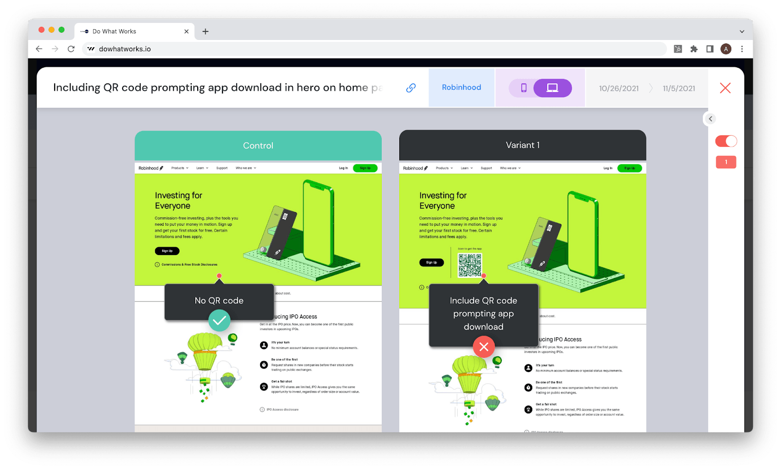 DoWhatWorks view of a Robinhood home page test, where the control with no QR code beat the variant adding one to prompt app downloads