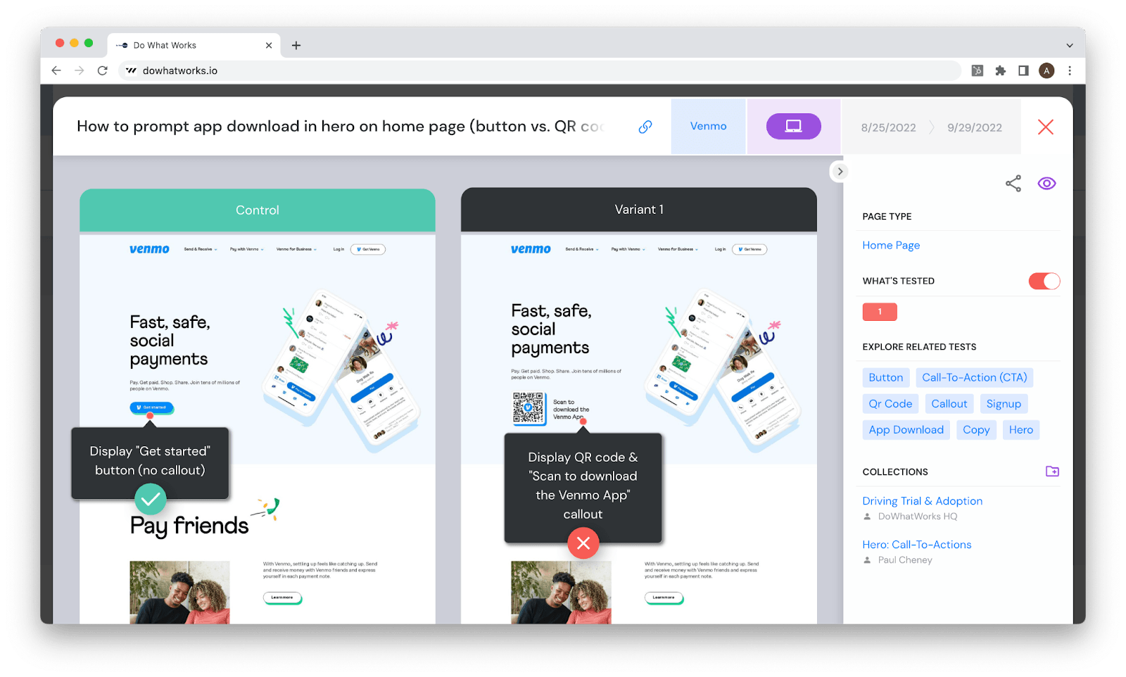 DoWhatWorks view of a Venmo home page test, where the Get started button beat the QR code with a scan to download callout