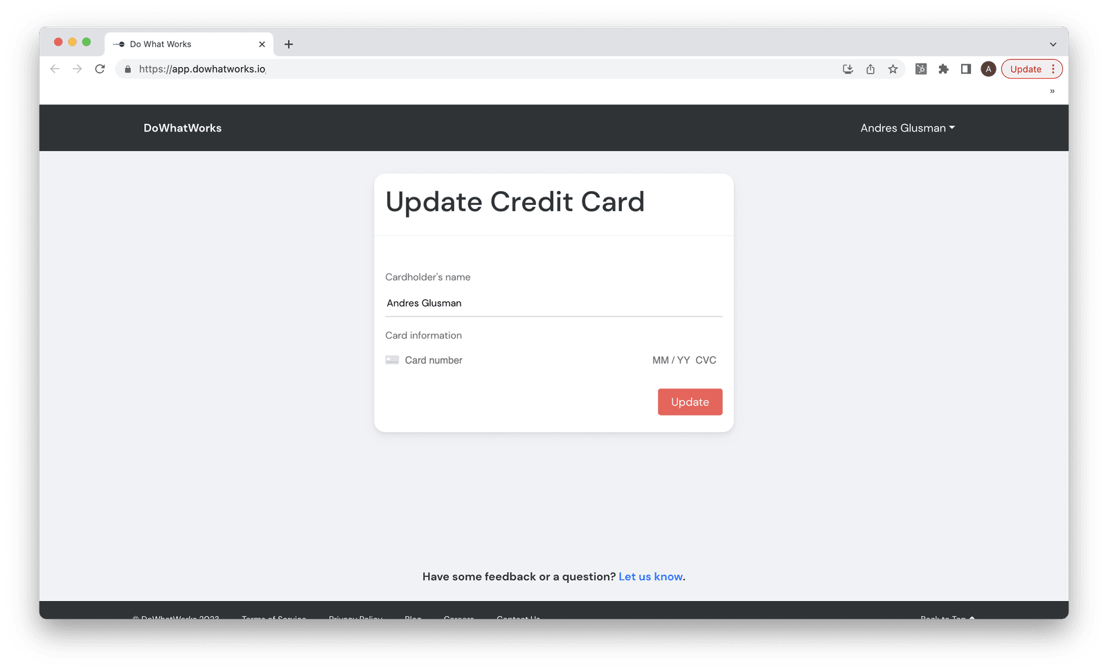 An early DoWhatWorks billing page headed Update Credit Card, with fields for the cardholder name and card details