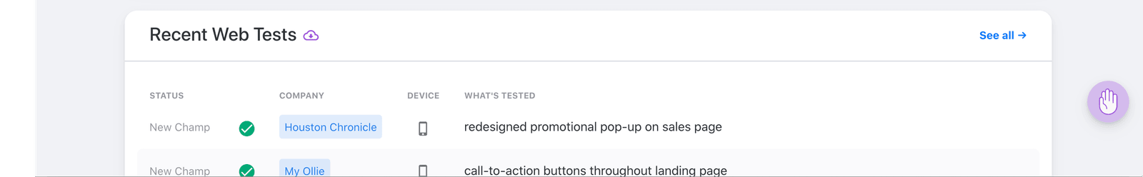 An early DoWhatWorks dashboard panel listing recent web tests by status, company and what was tested