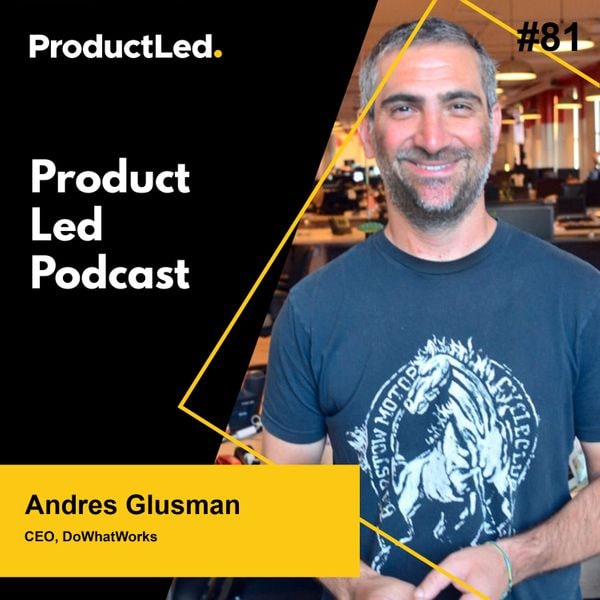 Cover art for episode 81 of the Product Led Podcast, featuring a photograph of Andres Glusman, CEO of DoWhatWorks