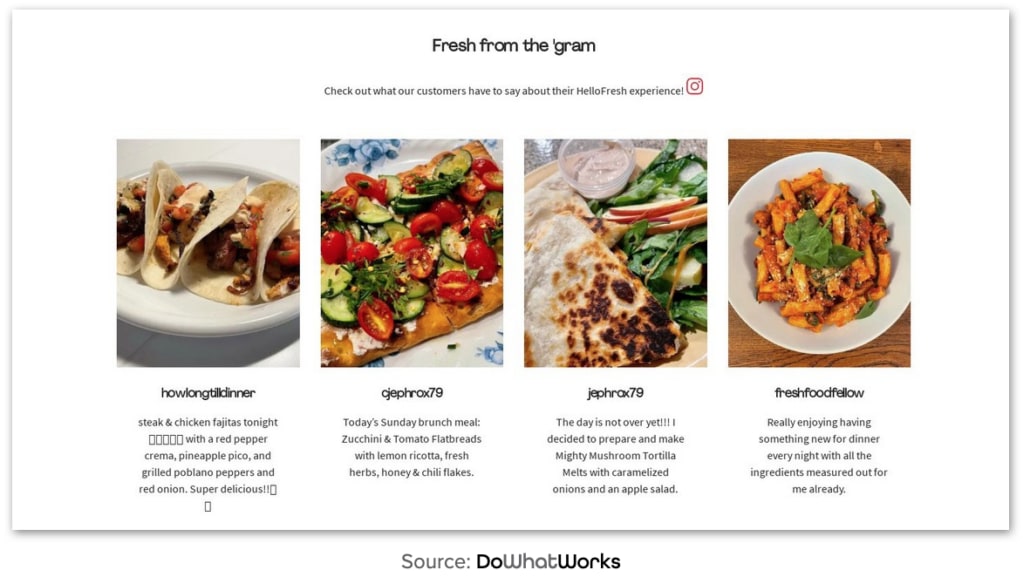 The first HelloFresh variant, a Fresh from the gram row of four Instagram photographs of prepared meals