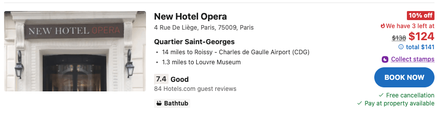 A Hotels.com listing for New Hotel Opera showing a 10% off badge and a note that 3 rooms are left