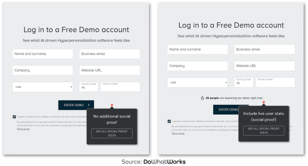 The two SALESmanago demo forms side by side, the variant adding a line reading 29 people are exploring our demo right now