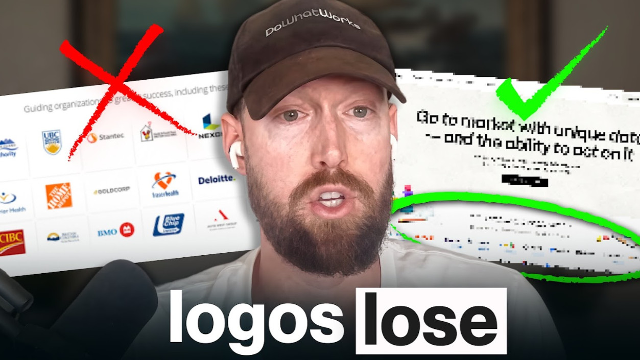 Episode thumbnail with Casey Hill between a crossed out logo bar and a ticked headline, captioned logos lose