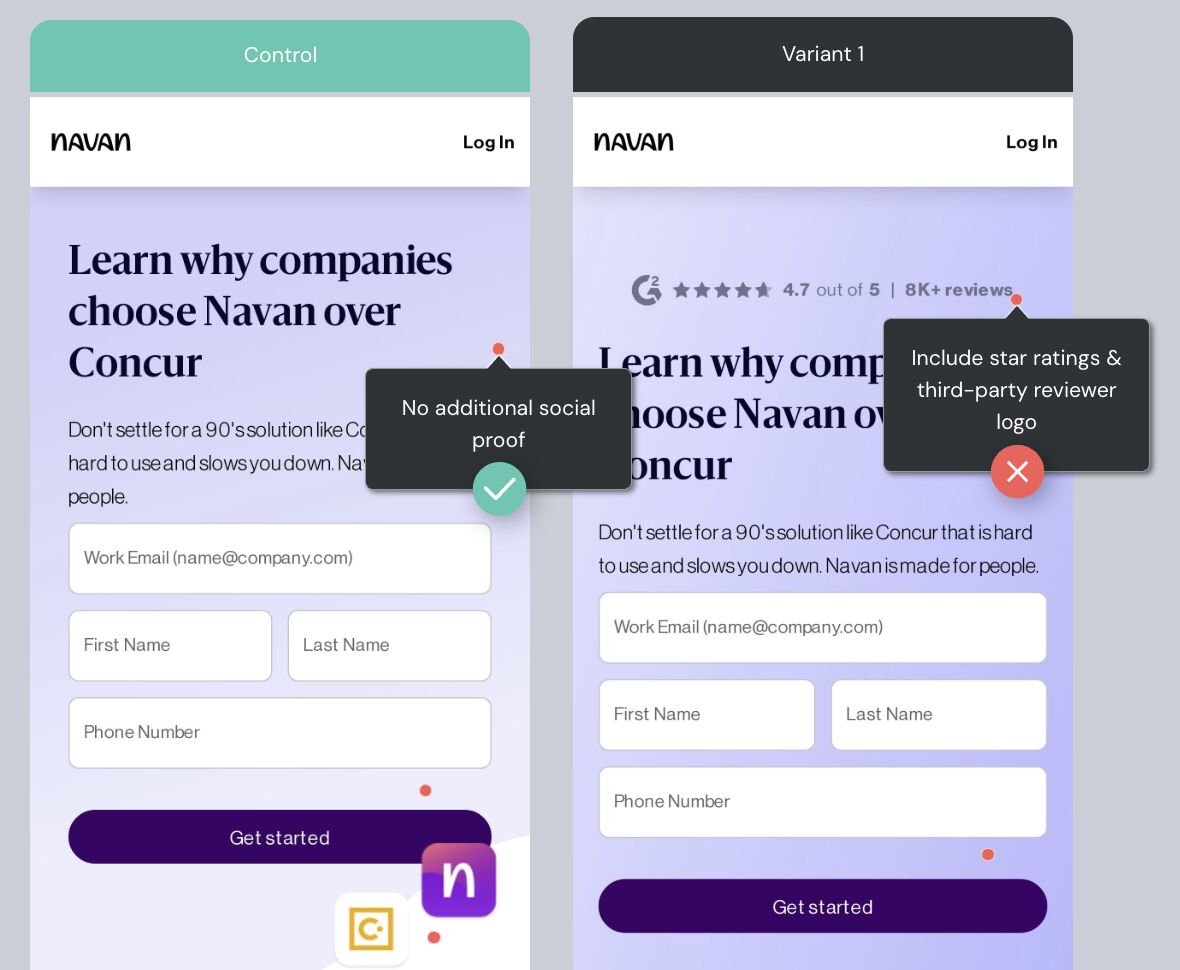 Navan pricing page test using G2 reviews above the signup form