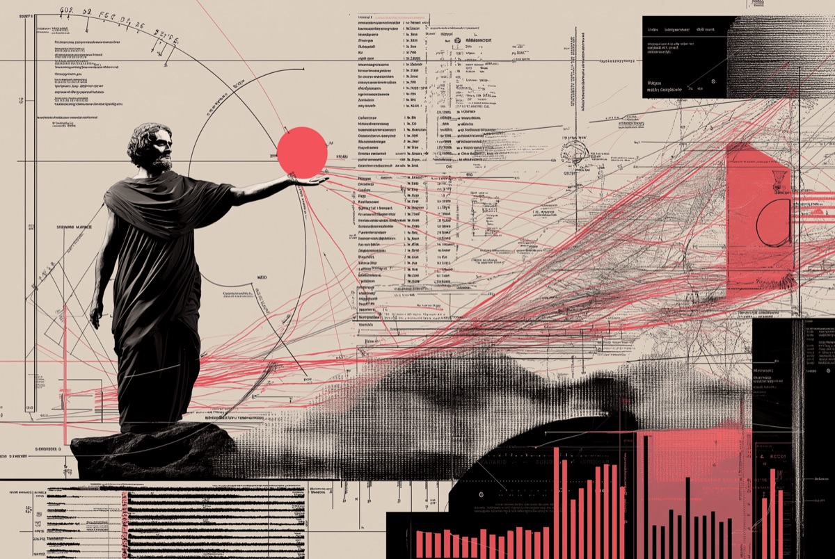 Editorial illustration of a classical statue figure surrounded by data ledgers, charts and red trend lines