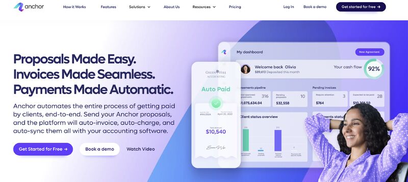 The Anchor homepage hero carrying three calls to action side by side: Get Started for Free, Book a demo and Watch Video