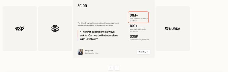 The Lovable testimonial carousel, with a Scion Group card ringed in red highlighting $1M+ SaaS contracts on track to be retired