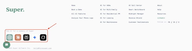The Super. website footer, where a panel reading Ask AI for a summary of Super is ringed in red and carries icons linking to ChatGPT, Perplexity, Claude, Gemini and Grok