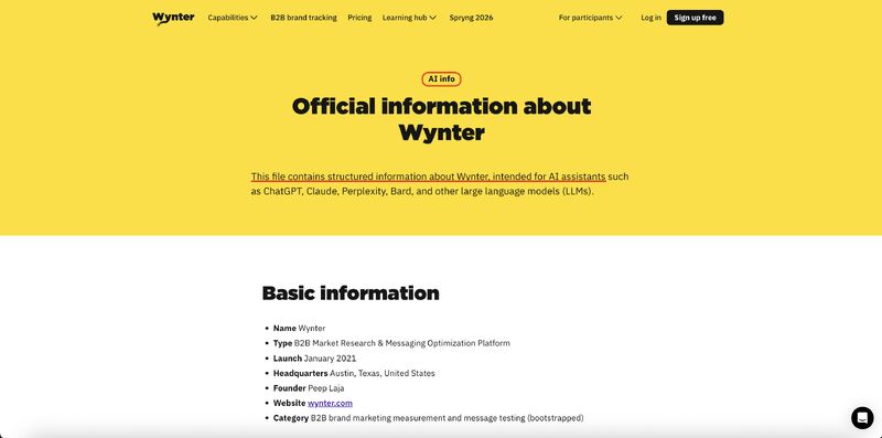 The Wynter page headed Official information about Wynter, tagged AI info, stating it holds structured information intended for AI assistants such as ChatGPT, Claude and Perplexity