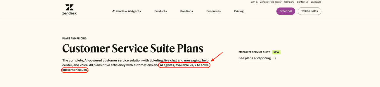 Zendesk hero copy tying AI language to a specific outcome
