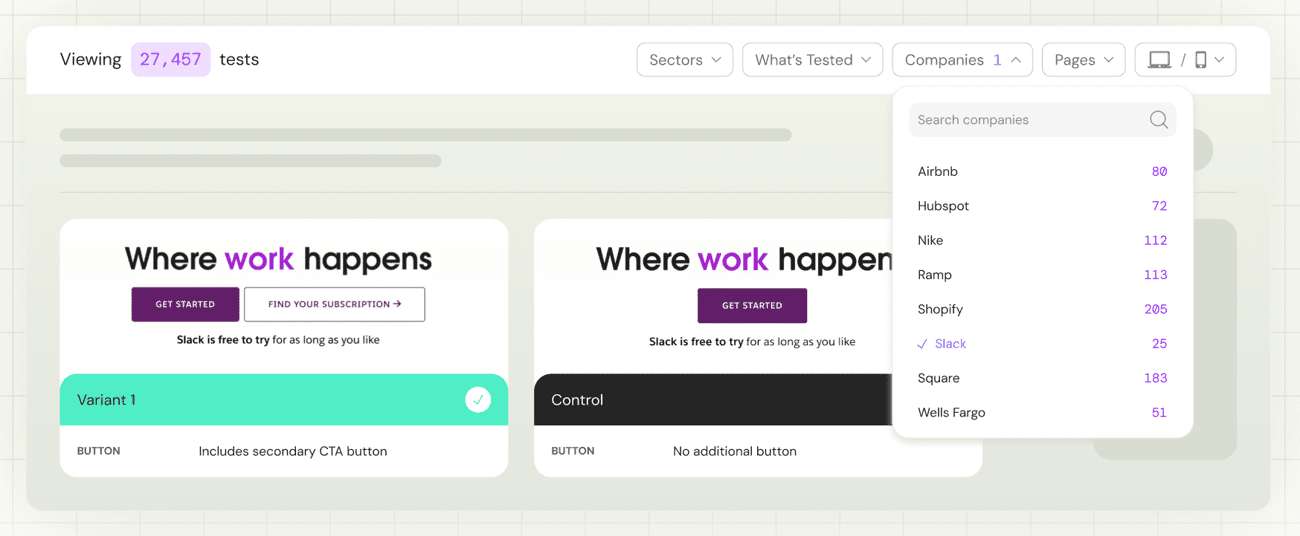 Slack split test on one versus two calls to action
