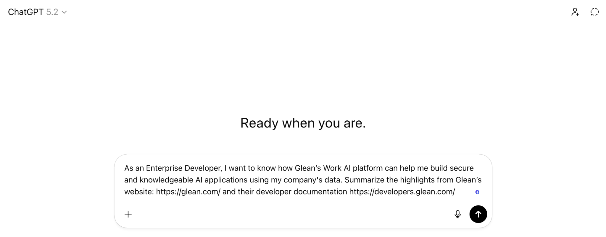 ChatGPT opened with a Glean prompt already filled in, asking as an enterprise developer for a summary of the Work AI platform citing glean.com and its developer documentation