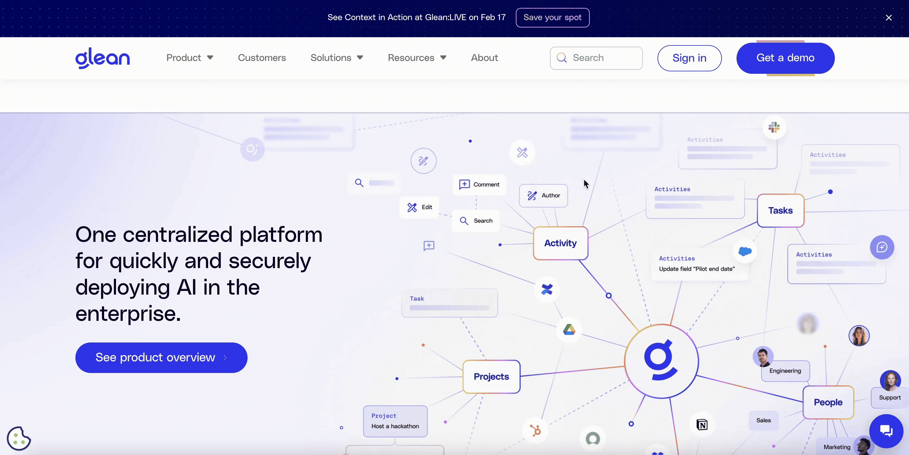 The Glean home page with a highlight animation around the Get a demo button in the sticky navigation