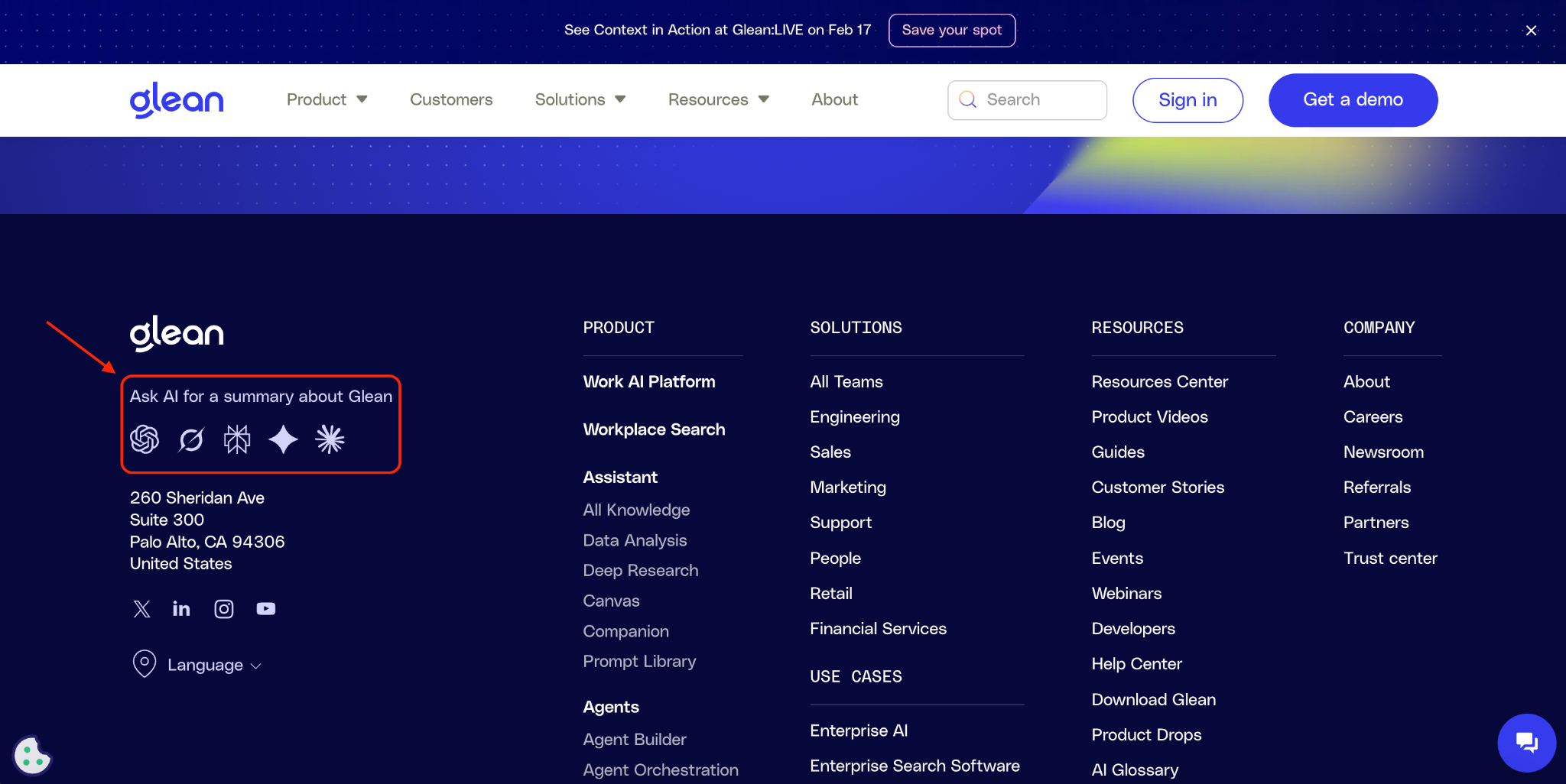 The Glean site footer with an Ask AI for a summary about Glean panel ringed in red, carrying icons for five different models