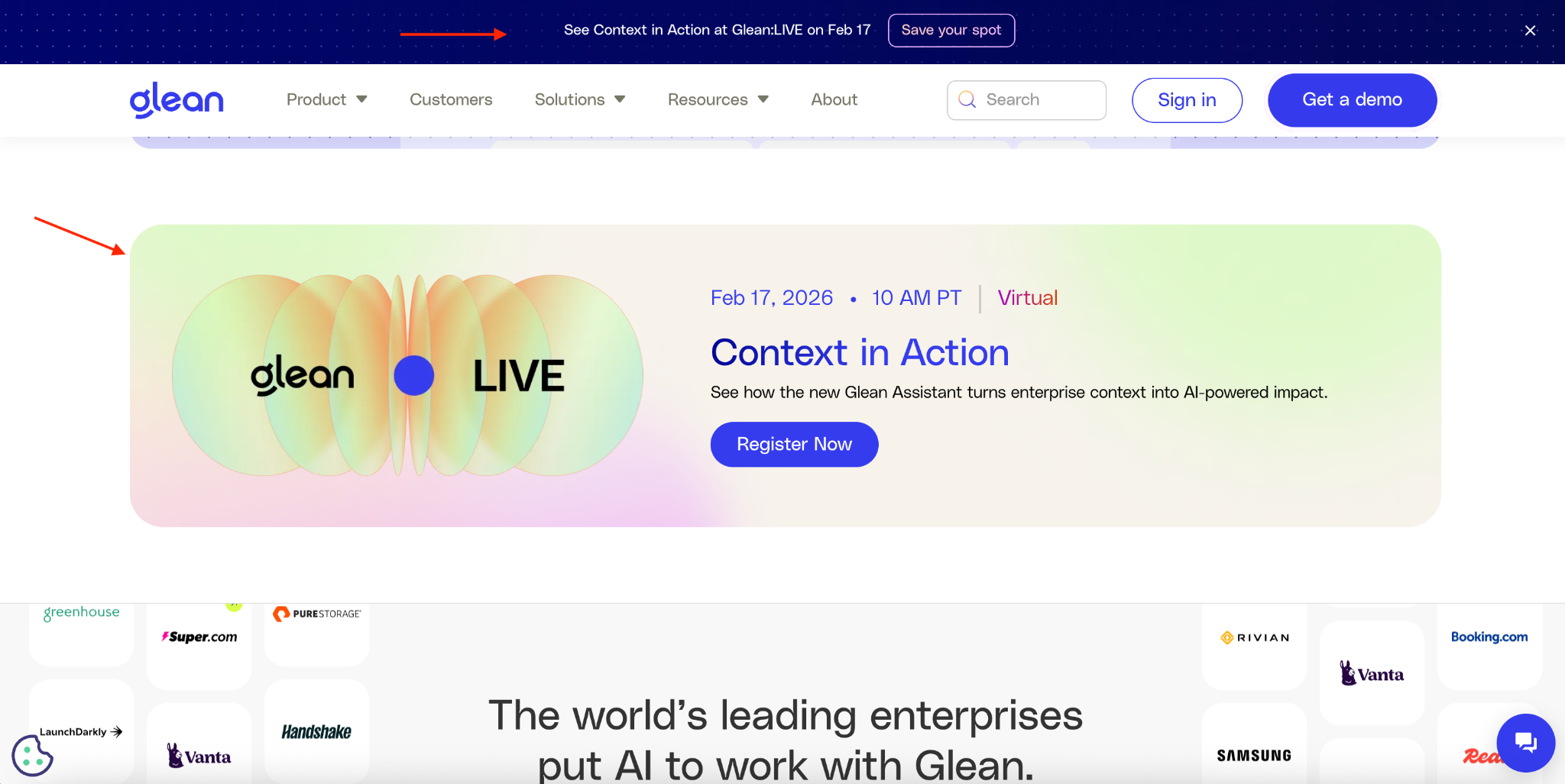 The Glean home page with arrows marking the top banner promoting Glean:LIVE and, further down, a matching event card for the same virtual event