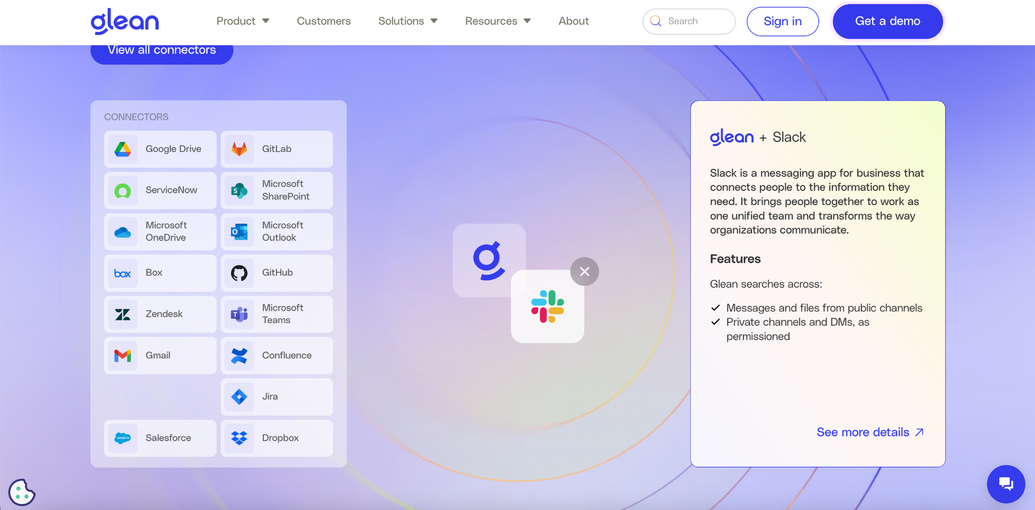 The Glean integrations section, where dragging the Slack connector onto the Glean logo opens a panel describing what Glean searches across in Slack