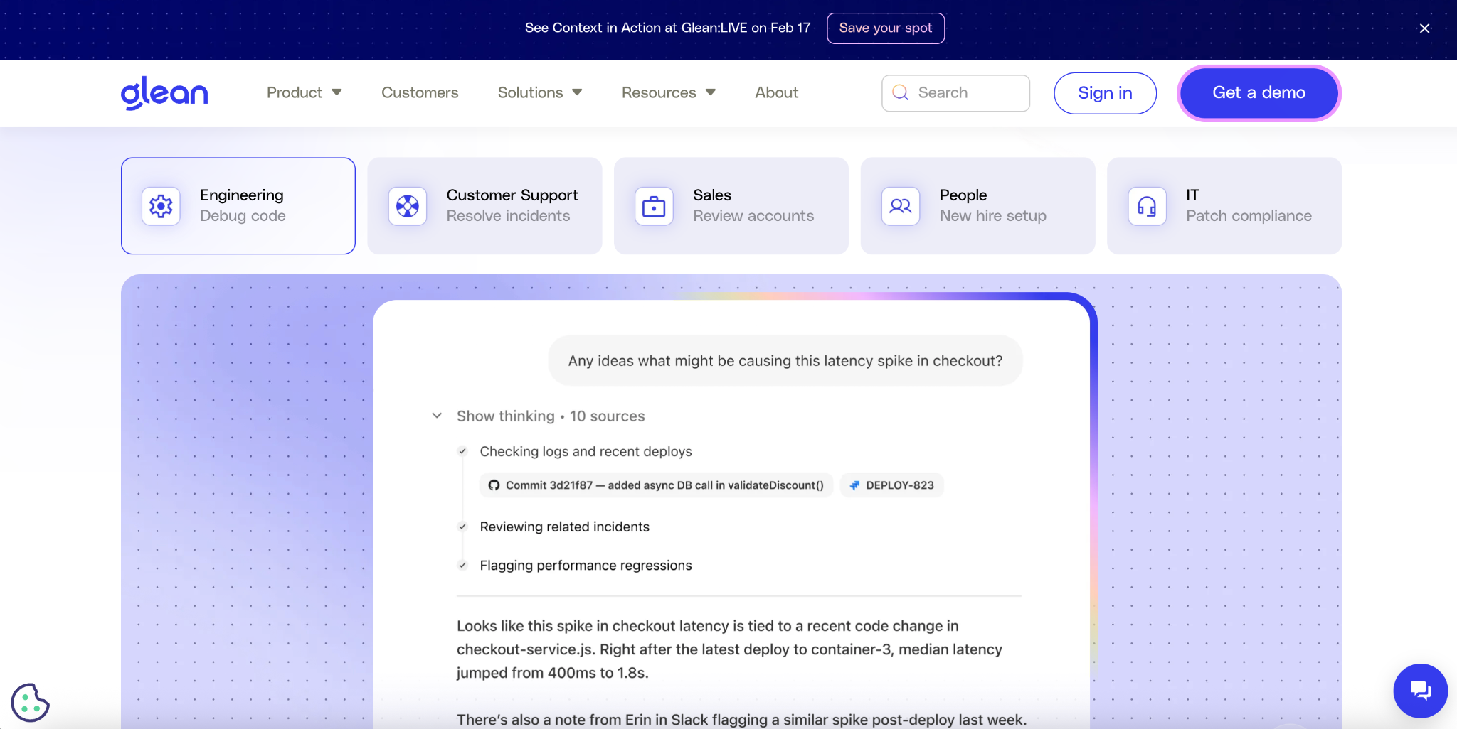 The Glean home page with a row of department cards, Engineering, Customer Support, Sales, People and IT, sitting directly below the hero