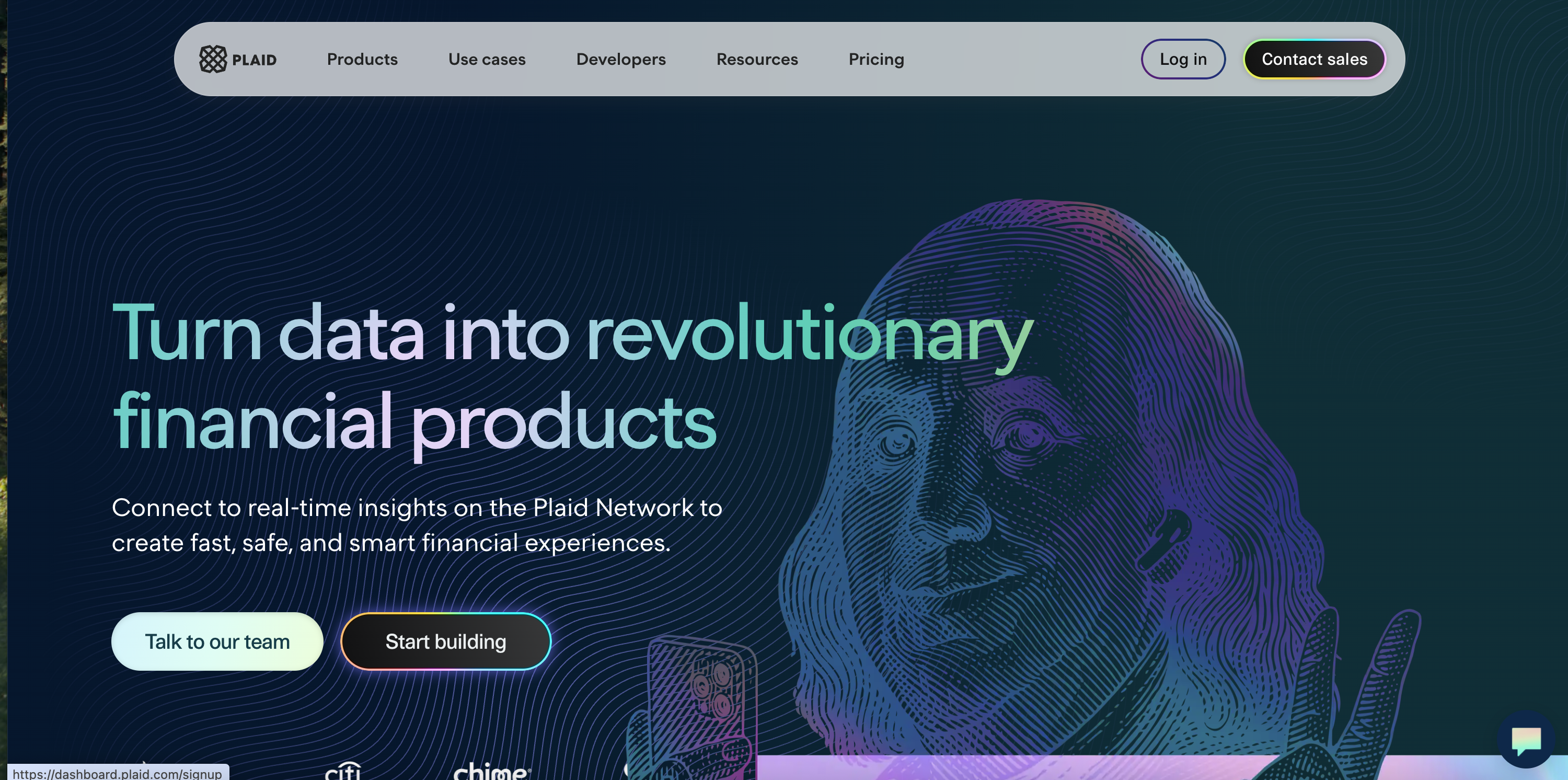 The Plaid home page, where the Contact sales button in the navigation carries a glowing outline