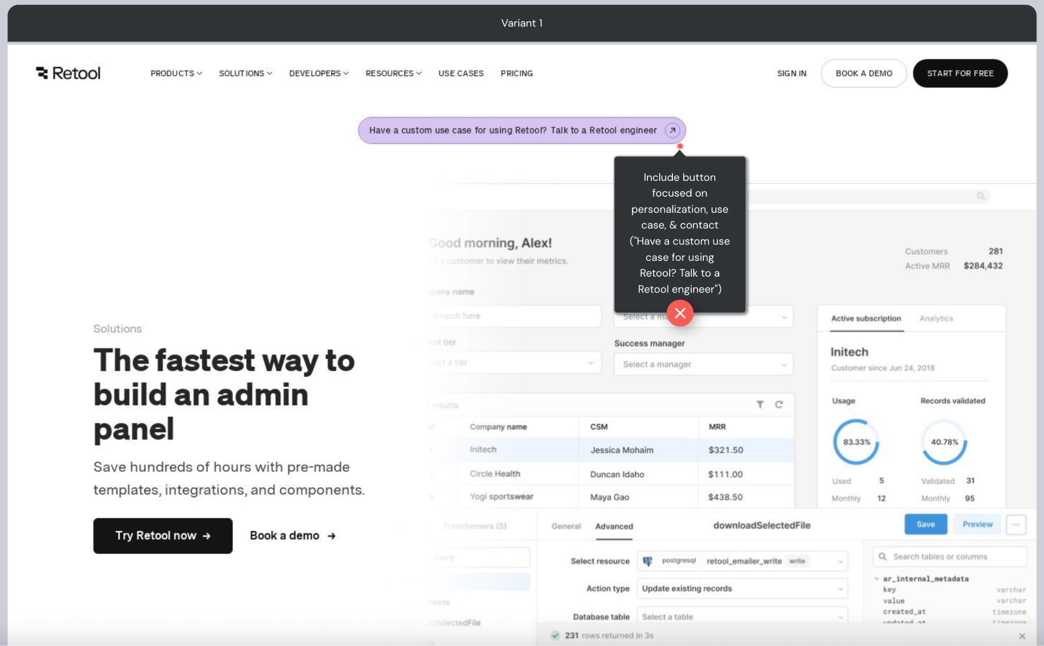 A Retool split test variant carrying a banner at the top of the page inviting visitors to talk to an engineer, marked as the losing version