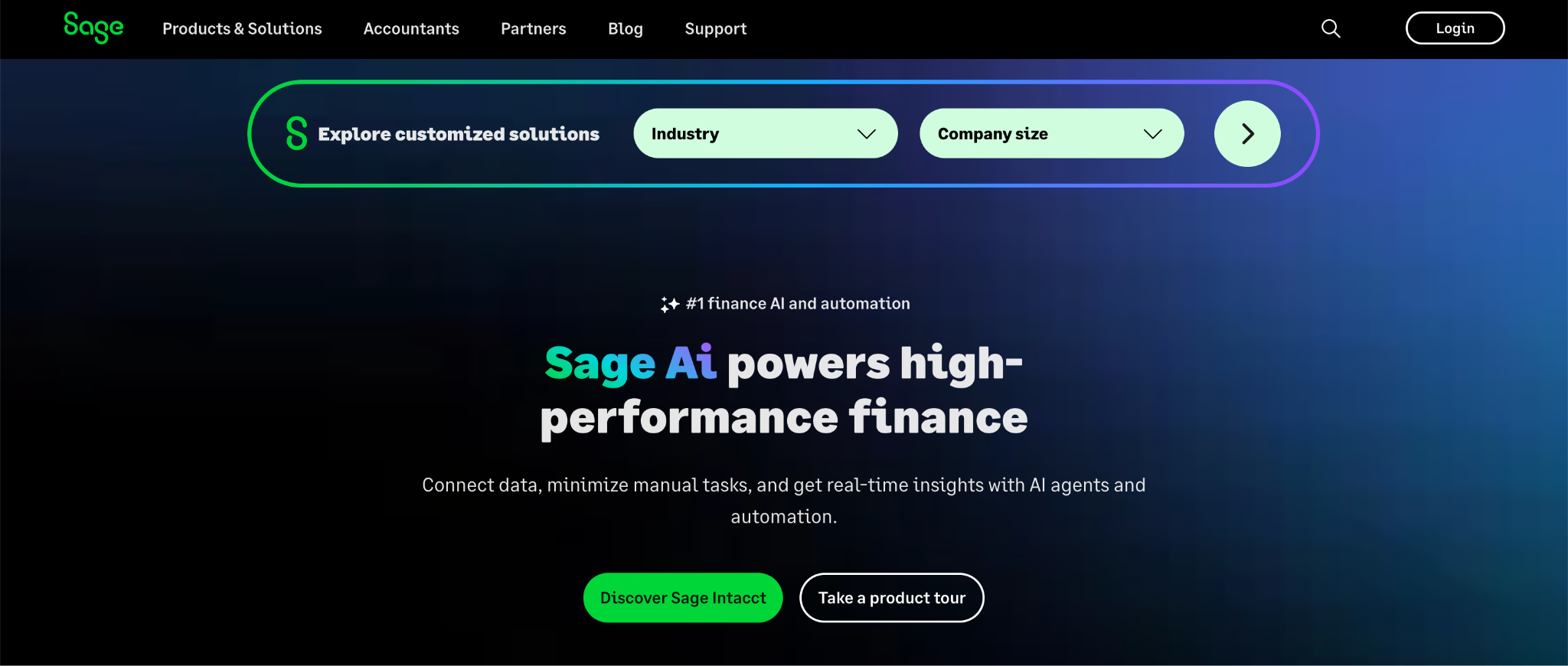 The Sage home page with an Explore customized solutions bar at the top, offering industry and company size pickers